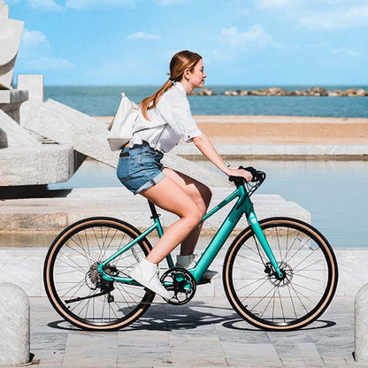 fiido c22 electric gravel bike lifestyle girl beachside