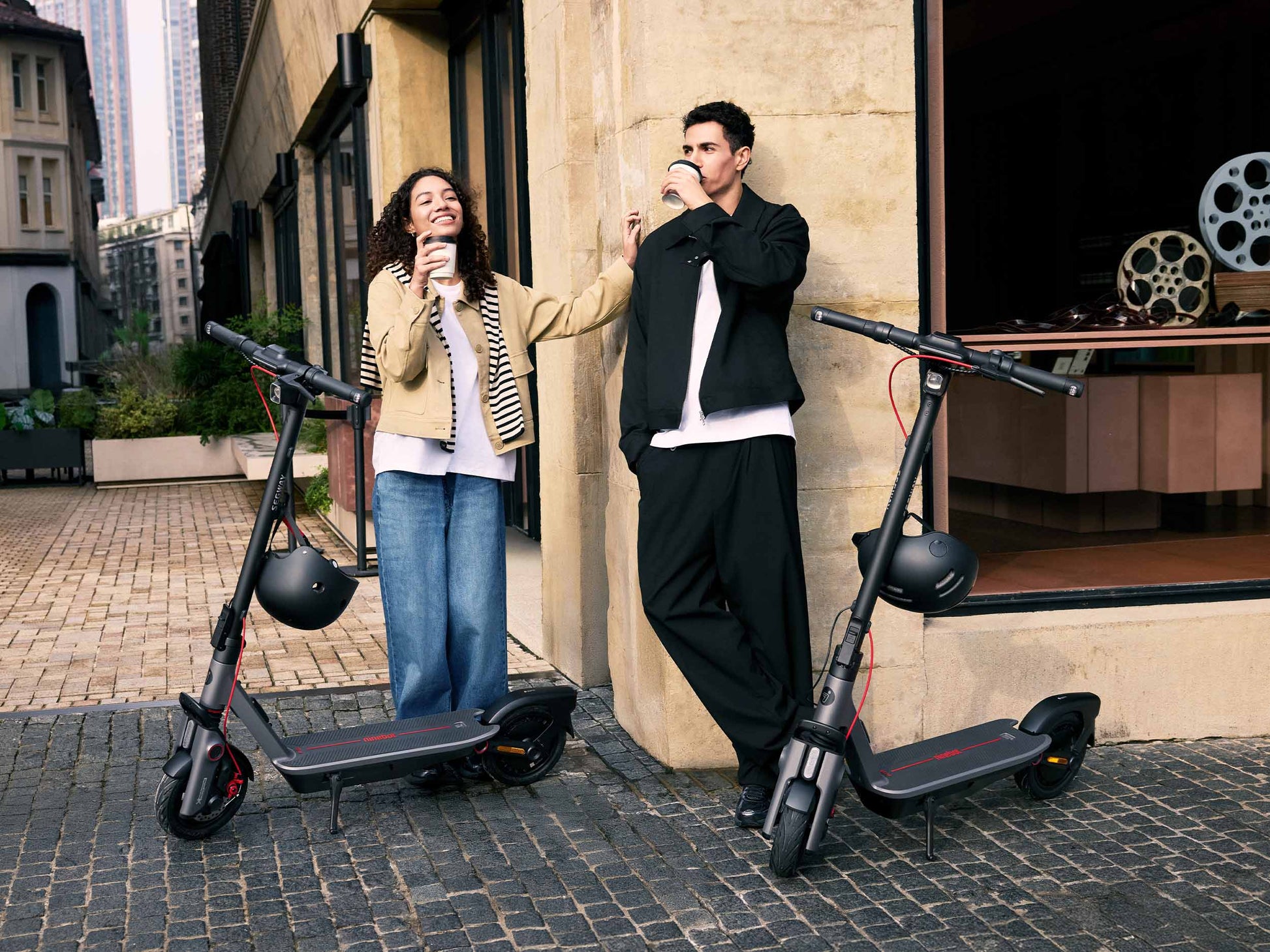 segway ninebot f3 electric scooter feature lifestyle couple coffee